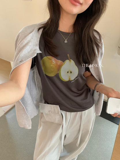 【L10283】實拍檸檬家檸檬圓領正肩小青梨印花短袖T恤260310