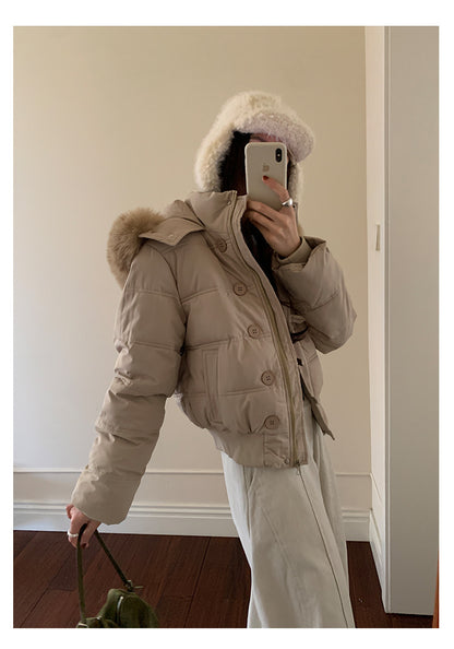 【H5501】實拍奶油風毛領連帽短款加厚棉服251118