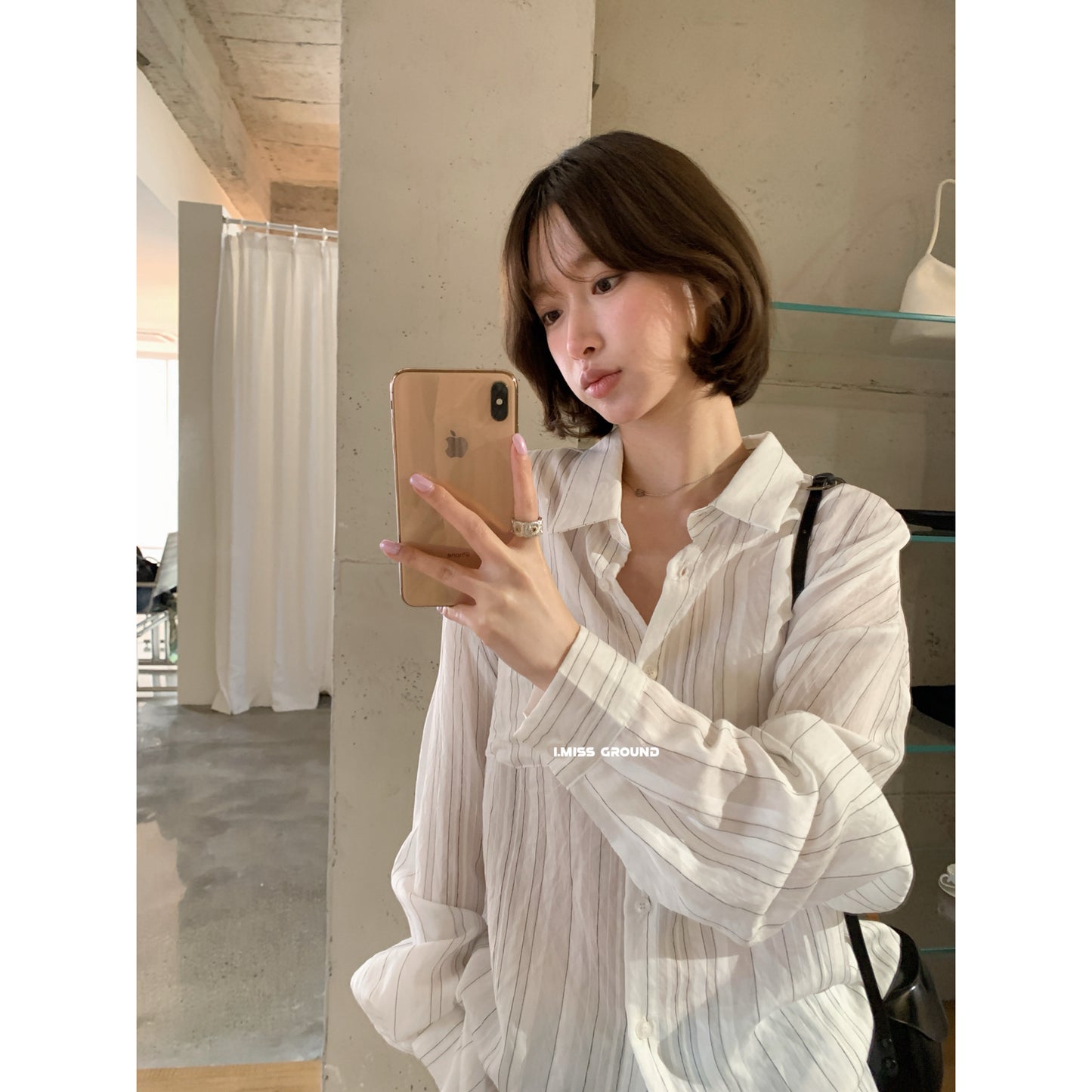 【LR90575】IMISS 極簡時髦美學☕復古條紋口袋顯瘦翻領長袖襯衫260323