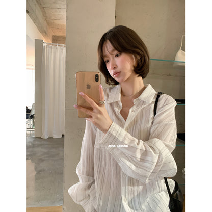 【LR90575】IMISS 極簡時髦美學☕復古條紋口袋顯瘦翻領長袖襯衫260323