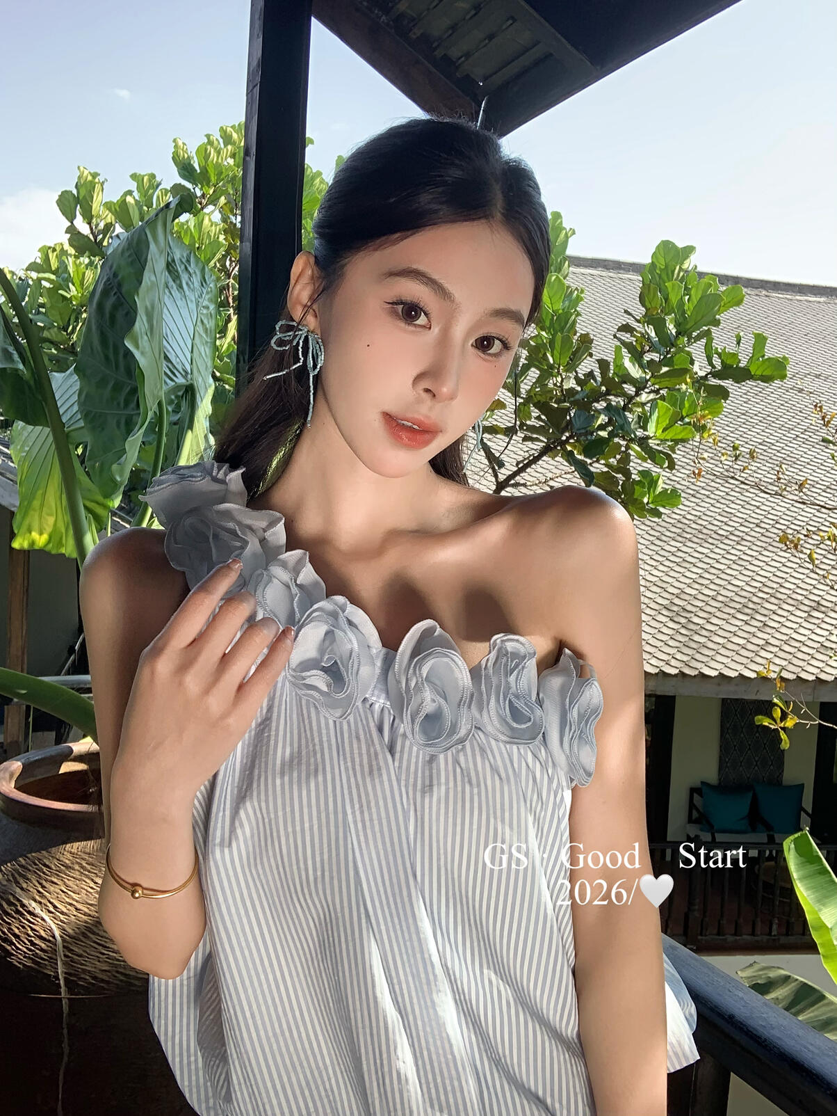 【LD0358W】法式溫柔仙女系🌸立體花朵條紋斜肩無袖上衣260323