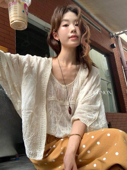 【L10711】法式浪漫仙女系🕊️重工精緻刺繡披肩+無袖蕾絲背心套裝260526