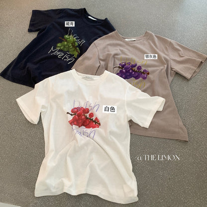 【L10228】可愛學院風🍓韓版水果印花寬鬆休閒圓領短袖T恤260511