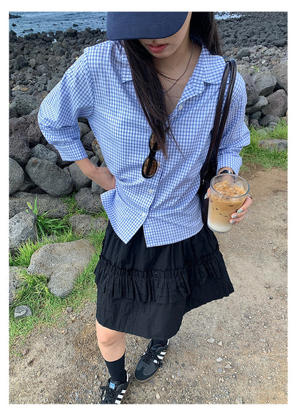 【H5382】實拍休閒寬鬆短版藍色條紋襯衫250902