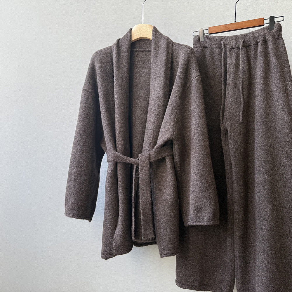 【YP1018】 實拍秋冬高級感慵懶針織開衫＋繫帶＋高腰針織闊腿褲 套裝251023