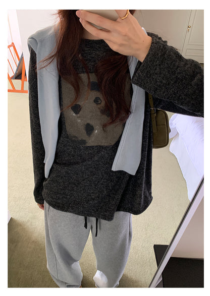 【H5499】實拍 復古磨毛狗狗印花長袖T恤251118