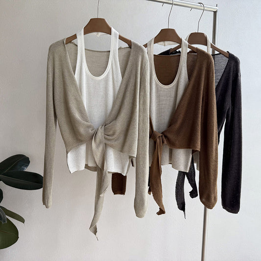 YP108假兩件層次針織上衣｜綁帶細節長袖設計