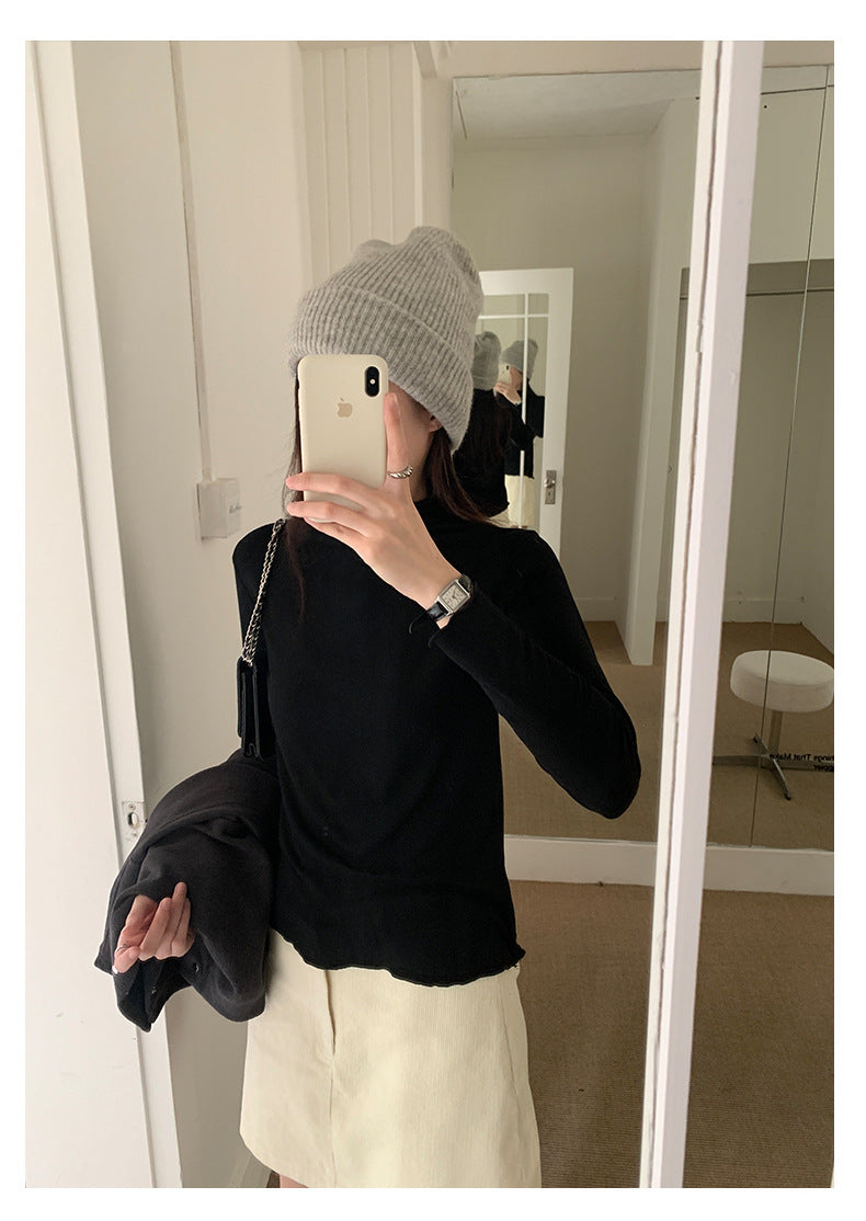 【H568】實拍基礎款木耳邊半高領純色打底衫251021