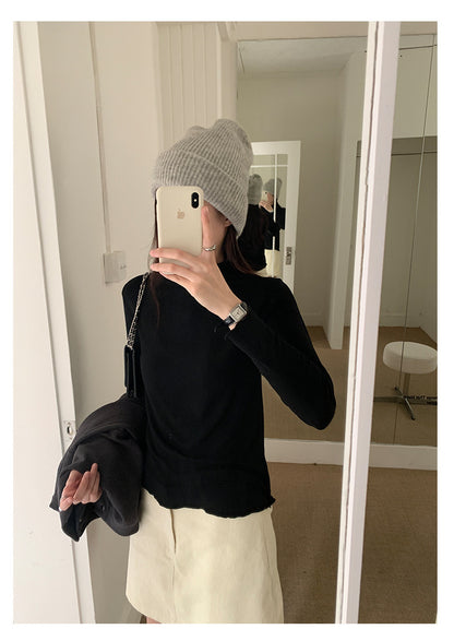 【H568】實拍基礎款木耳邊半高領純色打底衫251021