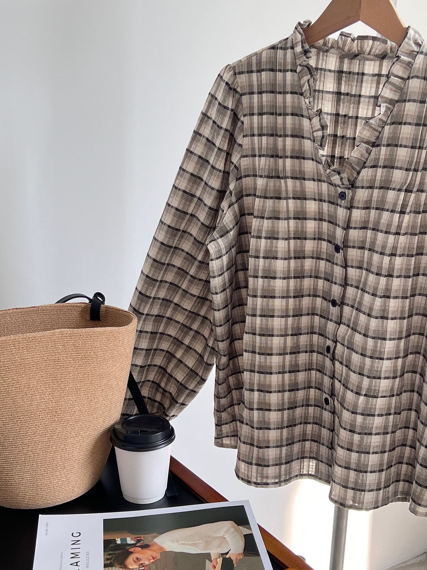 【cimz6509】復古浪漫主義🌹精緻木耳邊格紋長袖襯衫260319