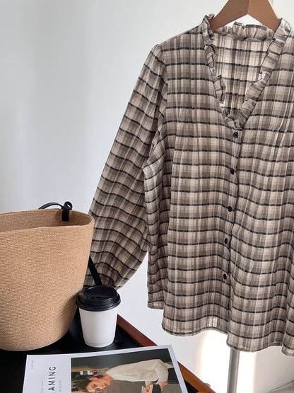 【cimz6509】復古浪漫主義🌹精緻木耳邊格紋長袖襯衫260319