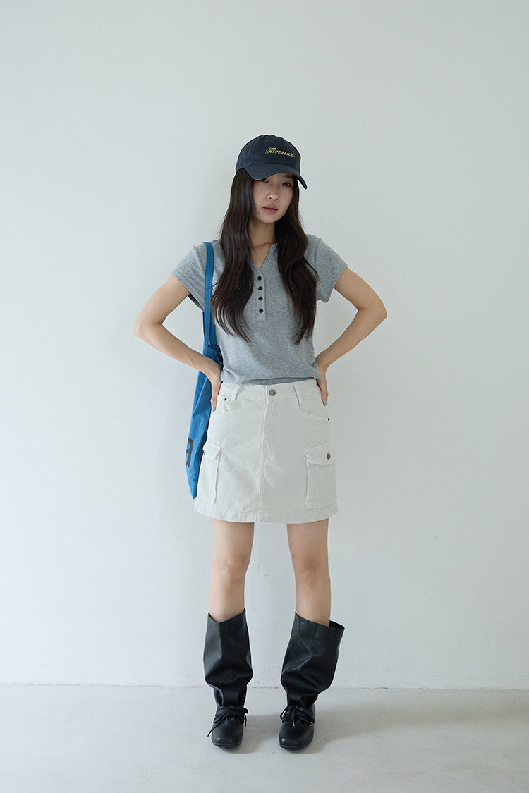 【LD11345】S~XL日常通勤必備！軟糯水洗棉布工裝半身裙/休閒短裙260615