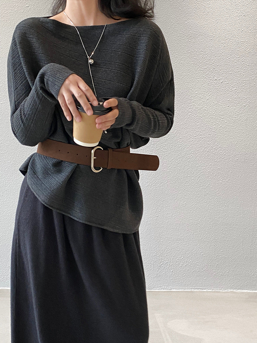 【cim9033】實拍韓系高級感長袖斜肩針織衫＋腰帶251030