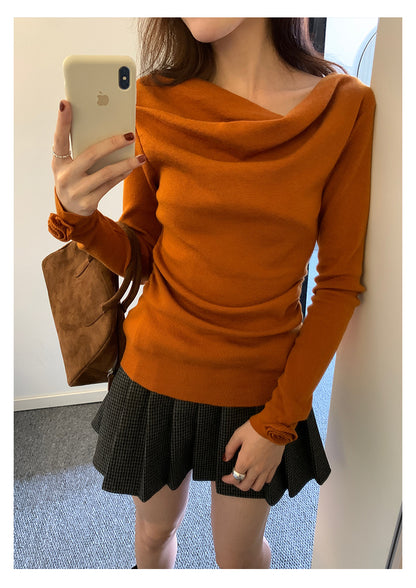 【H5487】實拍秋冬褶皺露肩針織衫251109