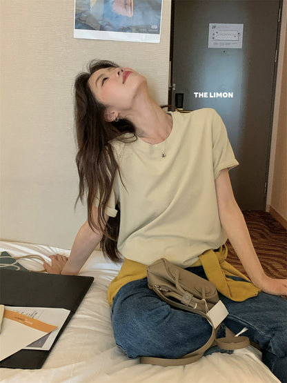 【L9036】實拍檸檬家磨毛雲朵絨短袖t恤250901