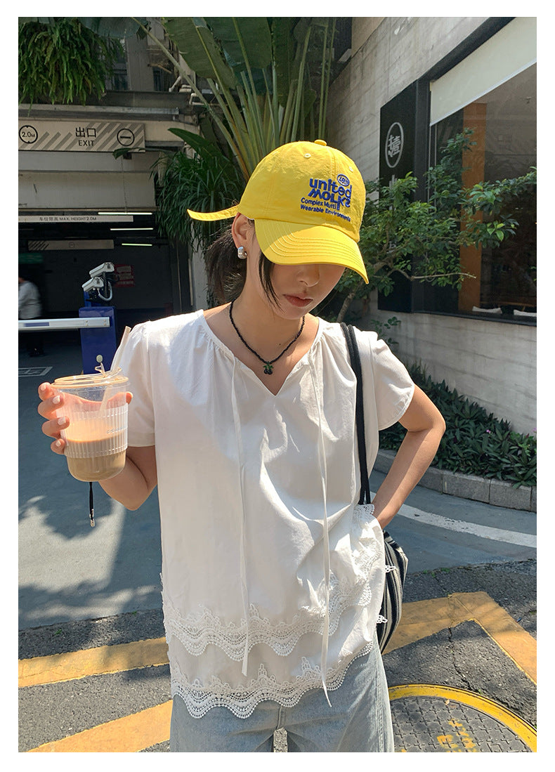 【H5152】實拍春夏清新氣質繫帶短袖蕾絲上衣250331