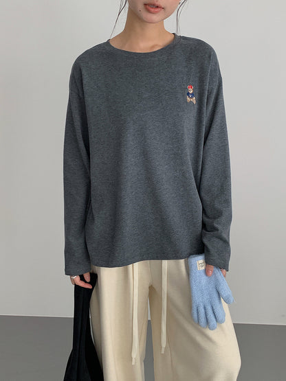 【LD11025】實拍舒適小熊刺繡寬鬆長袖T恤251124