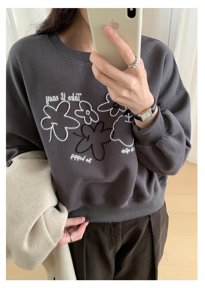 【H563】實拍秋冬刺繡花朵長袖衛衣251021