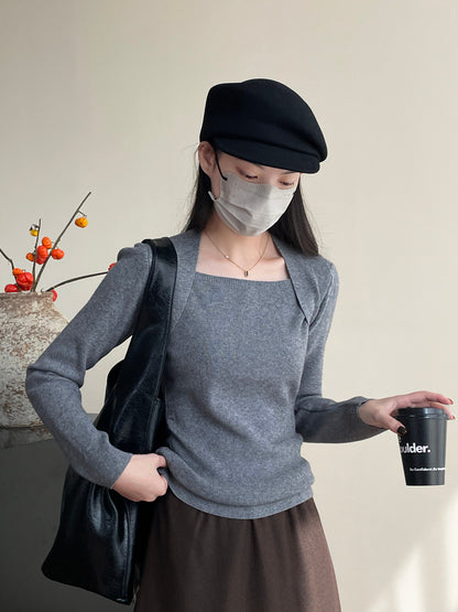 【cimYL1092】實拍方領顯瘦毛衣女假兩件氣質長袖針織衫241030
