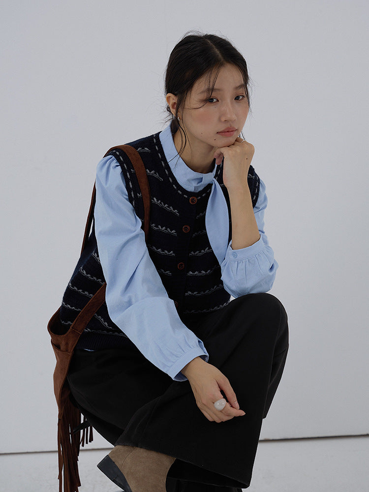 【LD3278】實拍小圓領長袖襯衫+條紋針織背心（分開下單）251103