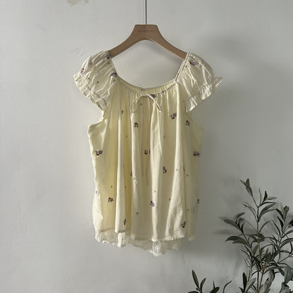 【LD11398】溫柔甜美仙女系🌸韓系氣質刺繡綁帶一字領短袖上衣/襯衫260720