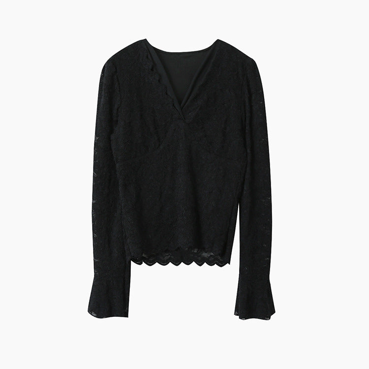 【LD3295】實拍法式喇叭袖加絨蕾絲衫251103