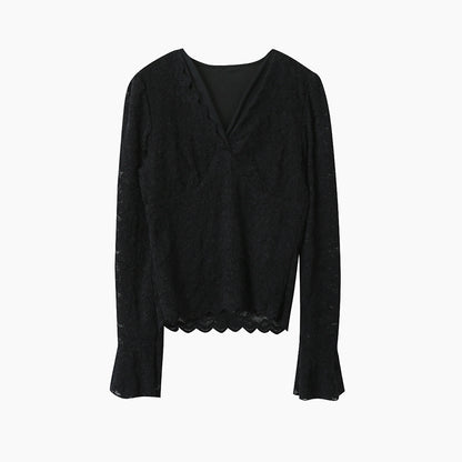 【LD3295】實拍法式喇叭袖加絨蕾絲衫251103