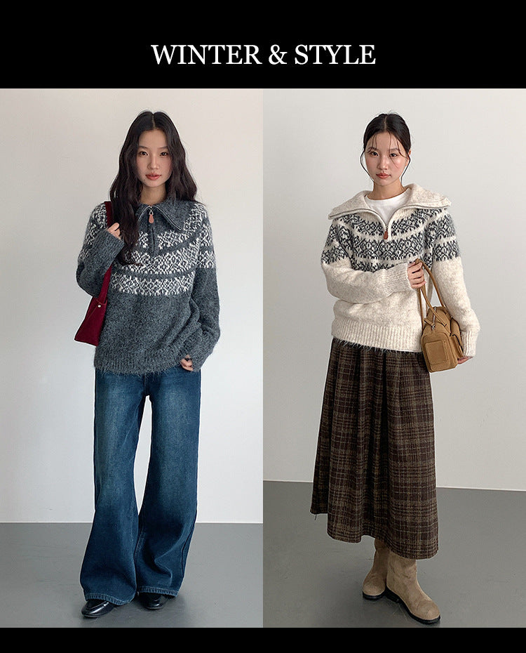 【LD11004】實拍兔絨毛混紡費爾島針織毛衣半拉鏈大翻領251110