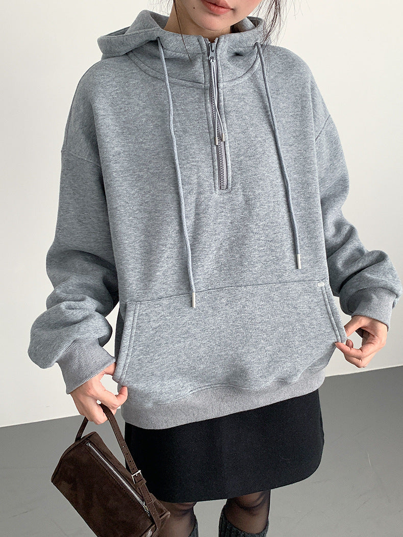 【LD11064】實拍慵懶灰色加絨加厚連帽寬鬆衞衣251209