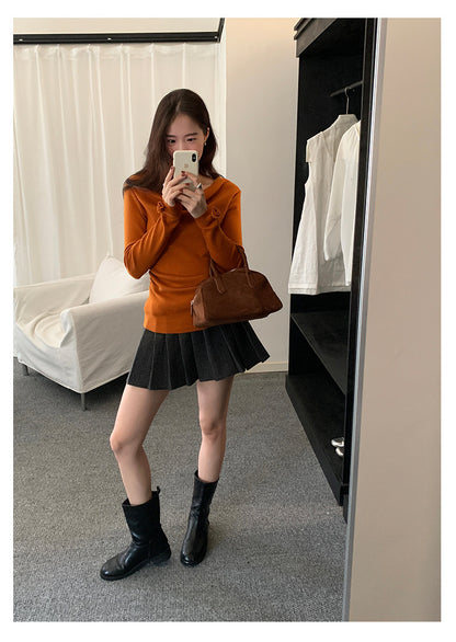 【H5487】實拍秋冬褶皺露肩針織衫251109