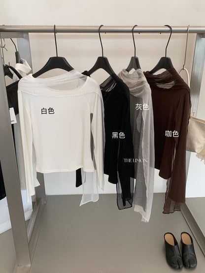 【L11268】檸檬家質感氛圍・飄帶網紗拼接斜肩修身上衣260916