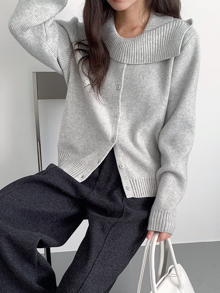 【LD11002】實拍秋冬法式設計感斜領針織毛衣外套251110