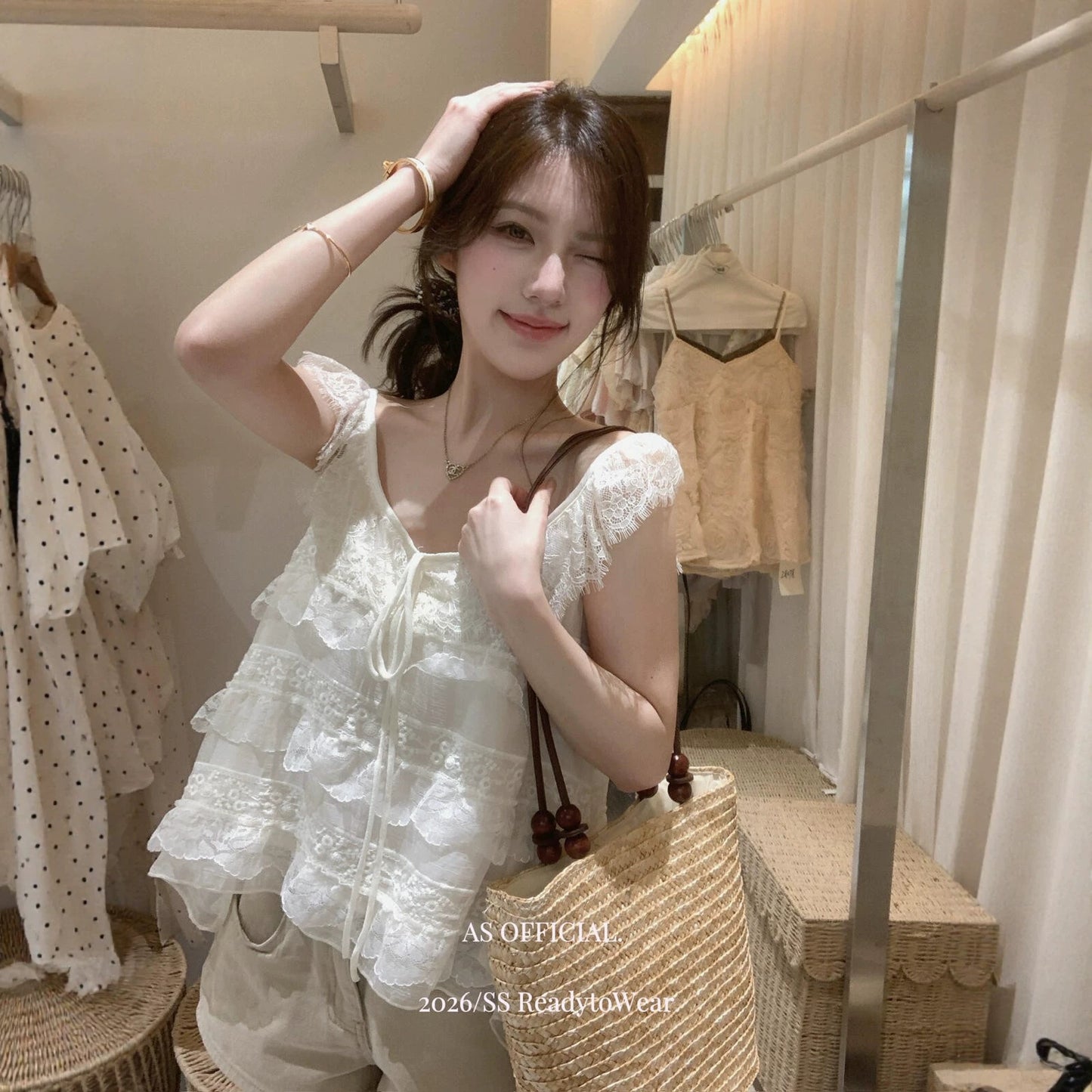 【L27010】韓系甜美純慾風🎀重工蕾絲多層荷葉邊綁帶無袖上衣260526