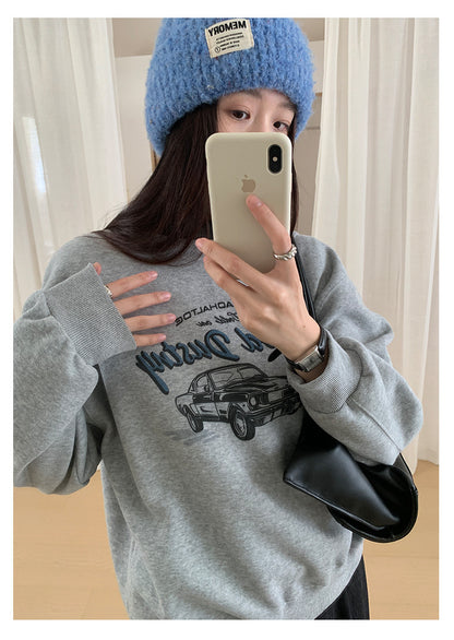 【H573】實拍美式汽車印花寬鬆圓領衛衣251021