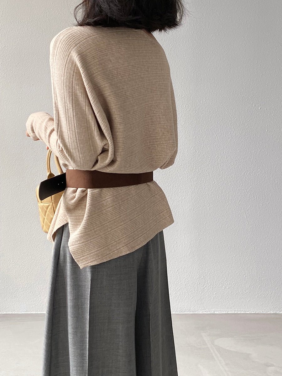 【cim9033】實拍韓系高級感長袖斜肩針織衫＋腰帶251030