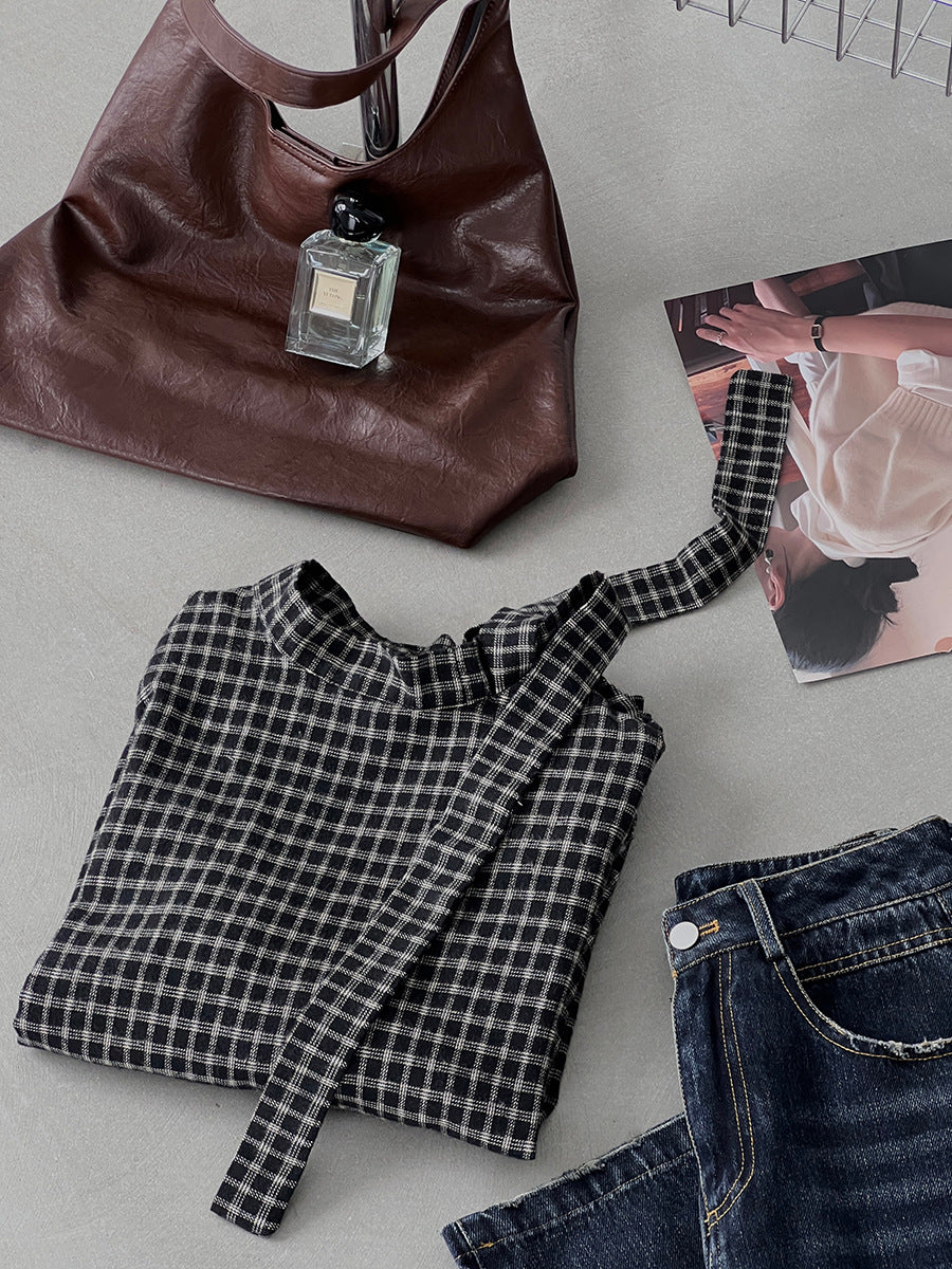 【cim1695】實拍法式磨毛領結氣質格子襯衫251030