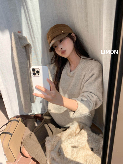 【LD8279】檸檬家韓系慵懶羊毛8%・寬鬆圓領設計感袖口毛衣（附圍巾）261020