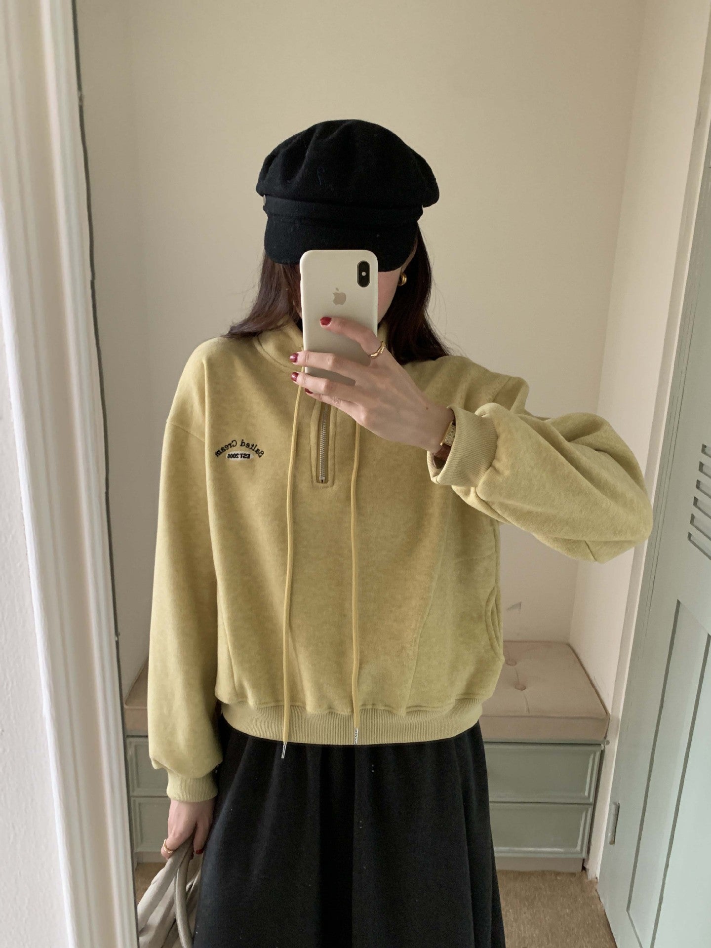 【H5552】實拍休閒刺繡絨面半拉鍊立領大學T251216