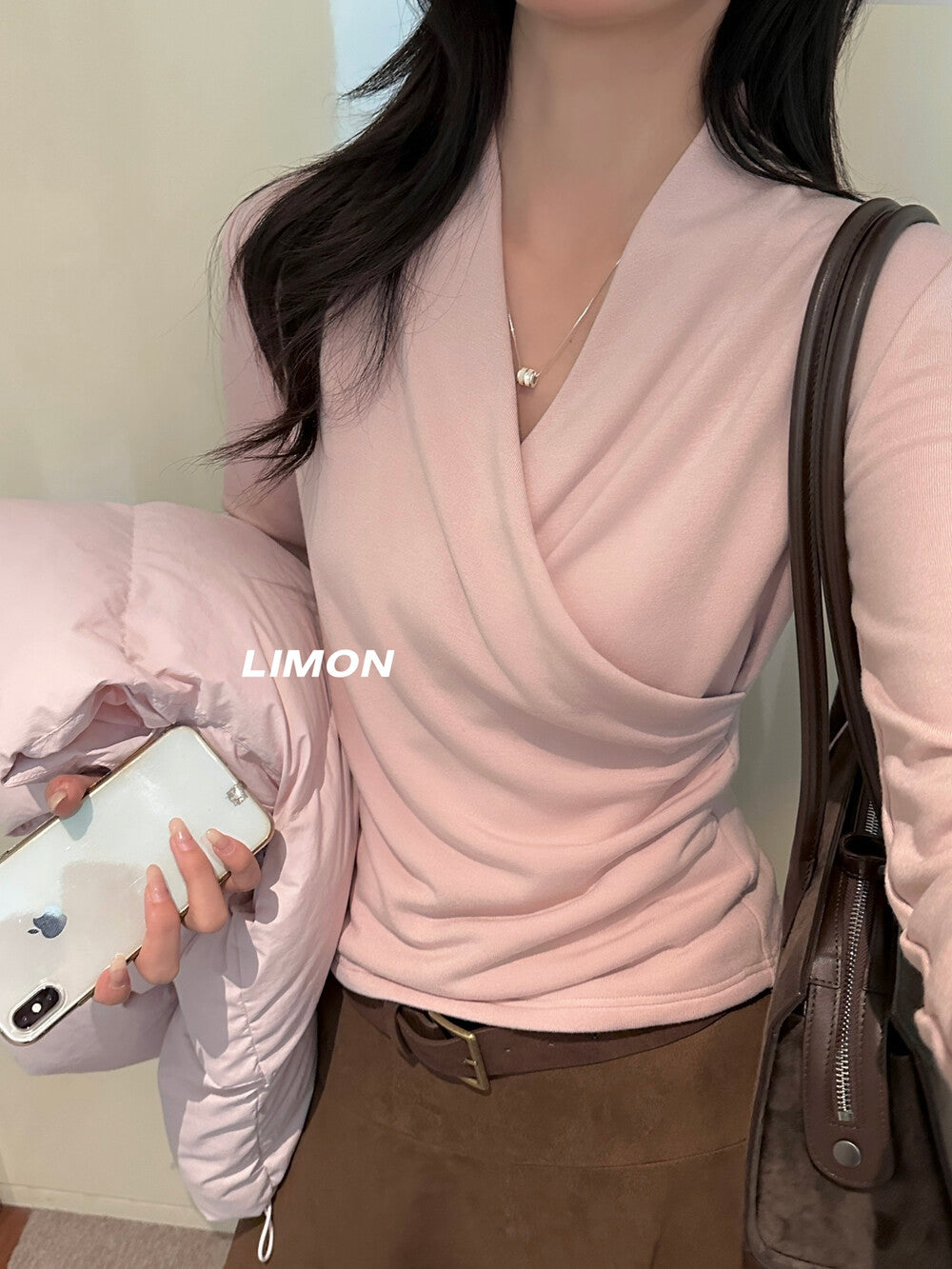 【L9312】檸檬法式簡約交叉羊絨薄绒V領長袖T恤251117