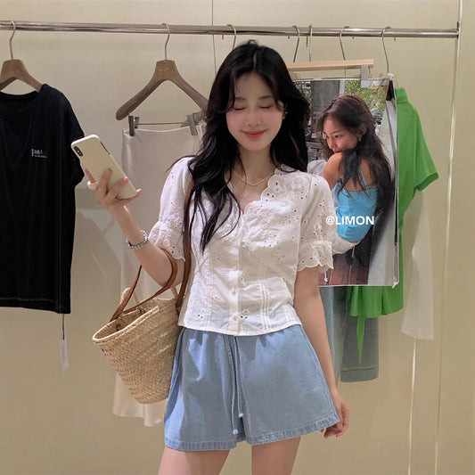 【L8377】實拍夏季收腰V領蕾絲短袖襯衫250505