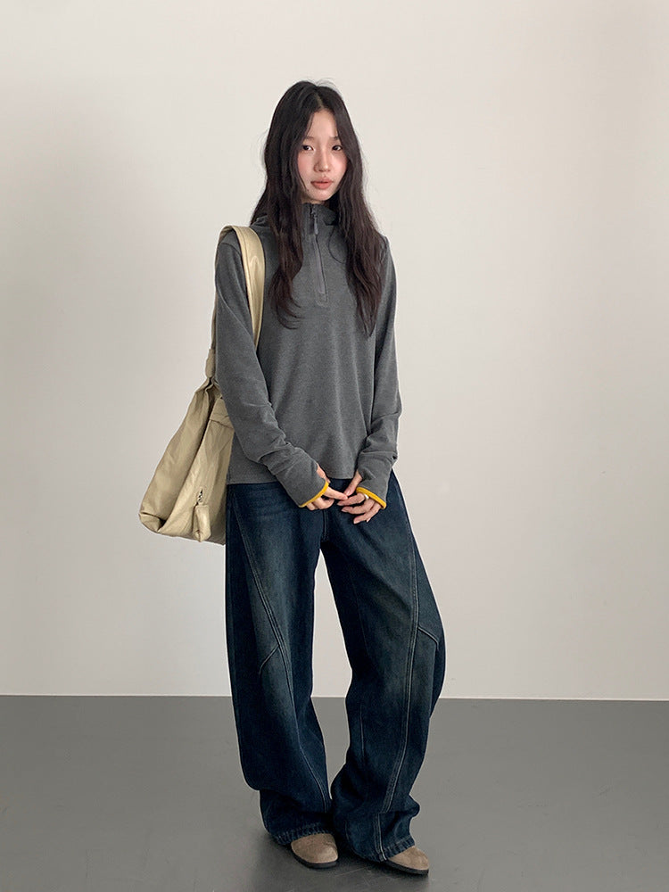 【LD11023】實拍S~XL顯瘦加絨加厚高腰寬鬆彎刀牛仔褲＋腰帶251124