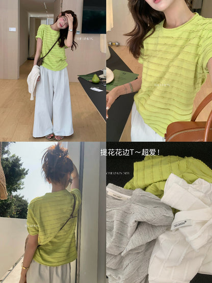 【L10377】實拍檸檬韓系簡約休閒☁️設計感層次拼接寬鬆顯瘦圓領短袖T恤260408