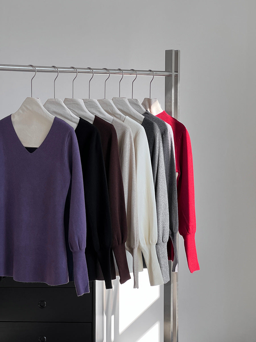 【cimz6652】實拍氣質半高領/V領燈籠袖極簡氣質針織衫251128