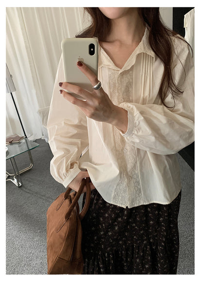 【H5488】實拍法式温柔蕾絲長袖襯衫251109