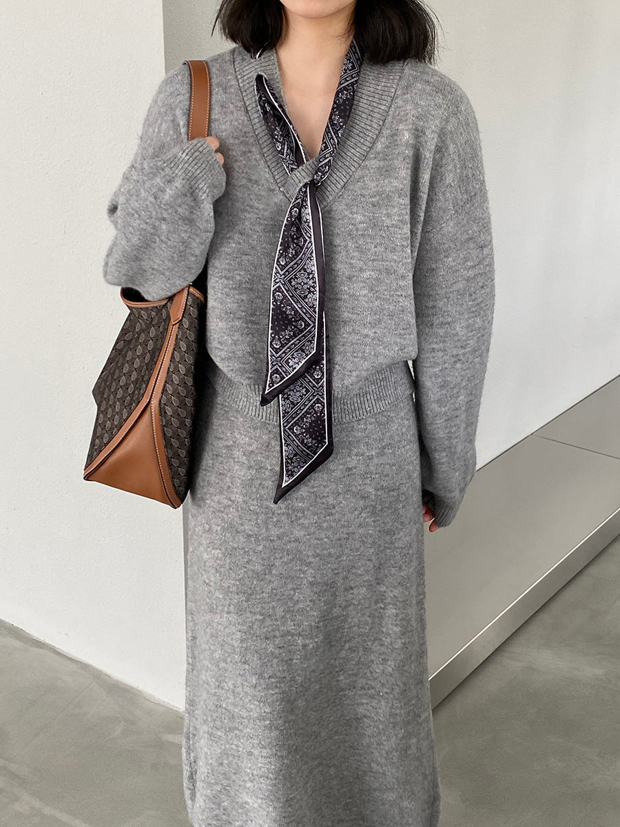 【cim823】實拍韓系軟糯短版針織毛衣+絲巾+針織長裙251030