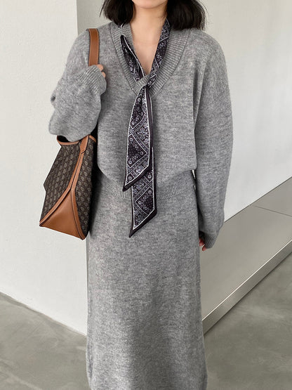 【cim823】實拍韓系軟糯短版針織毛衣+絲巾+針織長裙251030