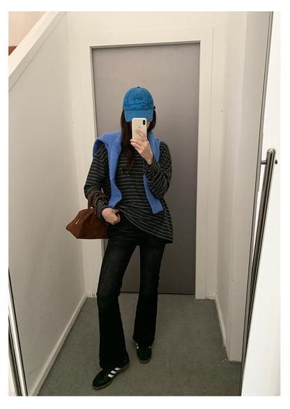 【H572】實拍復古磨毛刺繡條紋圓領T恤251021