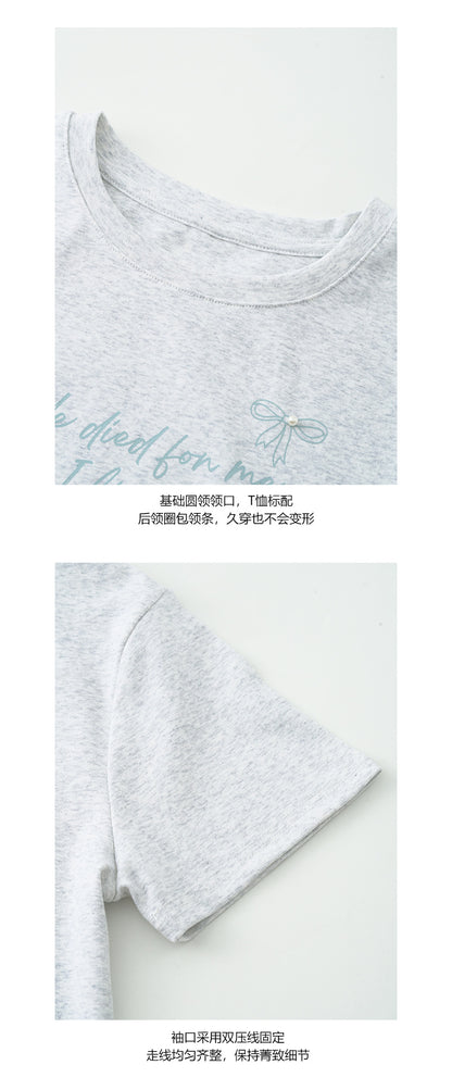 【H5161】實拍夏天甜美優雅蝴蝶結珍珠印花t恤250407