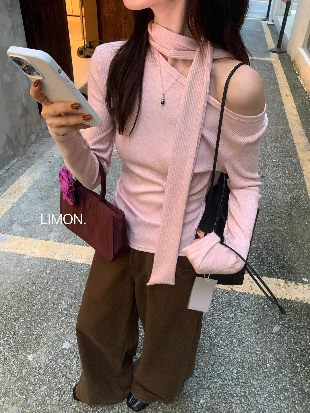 【L11083】檸檬家時髦設計・斜領縮腰飄帶長袖上衣260909