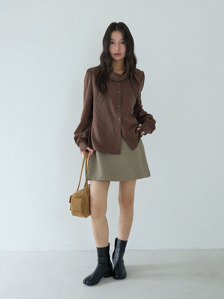 【LD3194】實拍秋冬個性立領飄帶襯衫251110